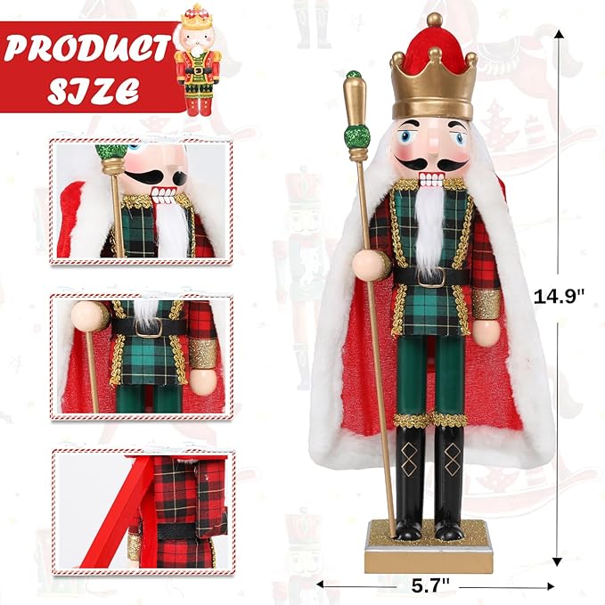 Christmas Nutcracker Decorations Nutcracker Figure 15 Inch Wooden Nutcrackers Collectible Ornament Nutcrackers Soldier for Table Desktop Home Christmas Decor Xmas Indoor Decor Checked clothes Red cape
