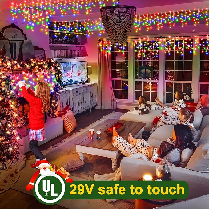 SAUIRS 2Pack 320 LED Christmas Lights Outdoor Decorations with 120 Drops Timer 8Mode 66FT Curtaing Lights Waterproof Plug in Fairy Lights for Indoor,Xmas,Party,Patio,Window,Trees Decor(Multicolor)