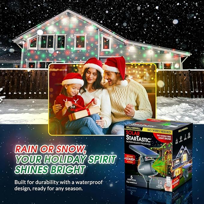 STARTASTIC Solar Wireless Christmas Lights Show Projector, LED Solar Outdoor Christmas Decorations Without Wires for Easy Installation, Auto-On, Remote Control, Waterproof, 5 Modes, for House, Party