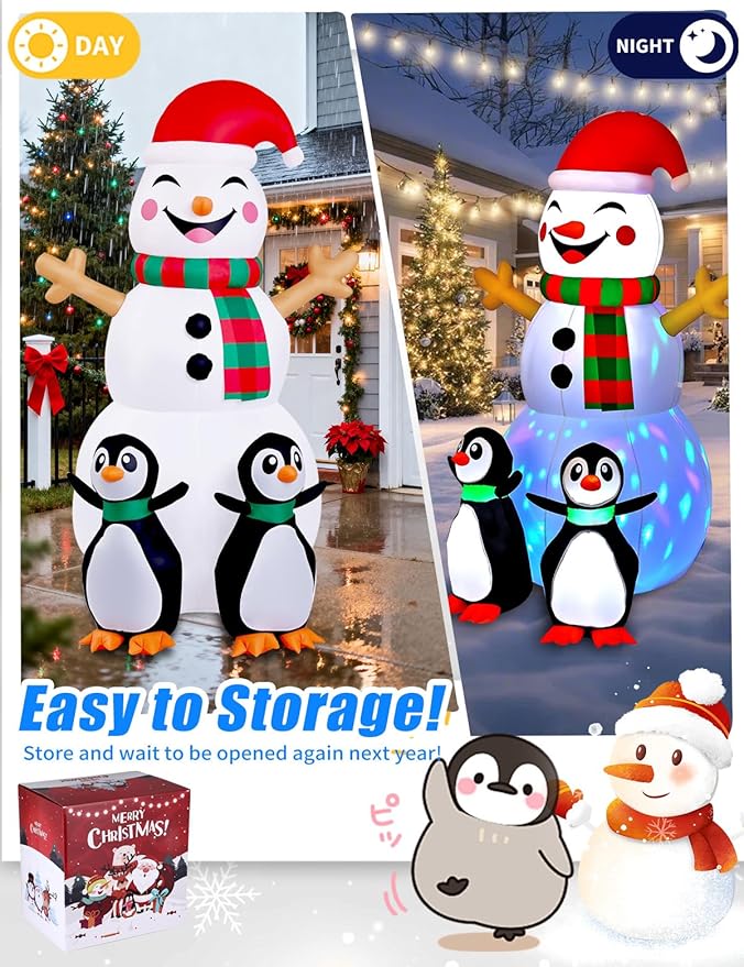6FT Christmas Inflatables Outdoor Decorations,Inflatable Snowman with 2 Penguins Build-in LED Light-Christmas Blow Up Yard Decorations for Indoor/Outdoor Holiday Garden Lawn Yard Patio