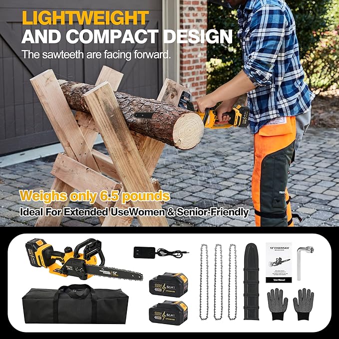 12 Electric Chainsaw Cordless, 20V Battery Powered Cordless Chain Saw, Chainsaw with 2 x 4.0Ah Lithium ion Battery and Charger for Wood Cutting, Tree Saw Trimming and Branch Pruning