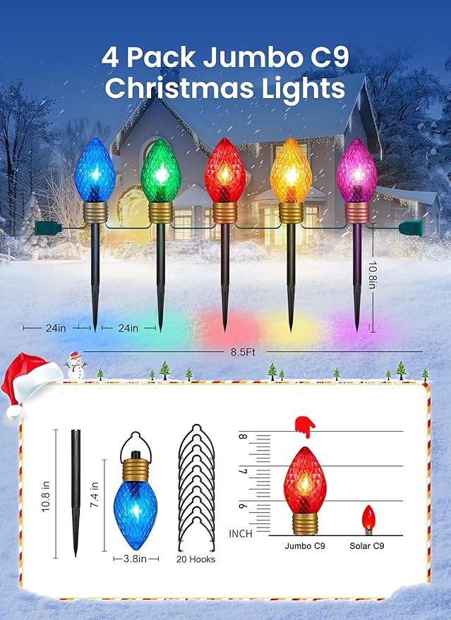 4 Pack Jumbo Lights C9 Christmas Pathway Lights Outdoor - 10.5 Feet 5 Lights Strawberry C9 Walkway Lights, C7 Lights Covered Jumbo Multicolor Light Bulb Outdoor Decorations for Lawn Garden Outside