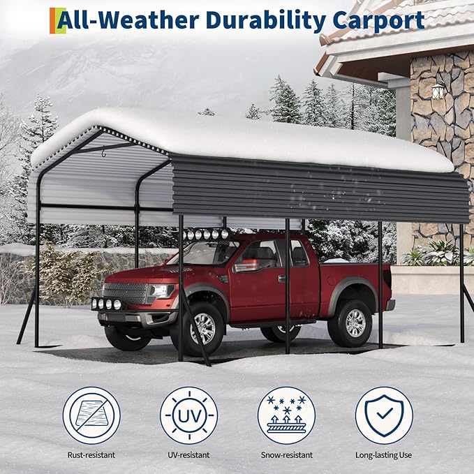 GAOMON Metal Carport, Carport with Reinforced Base and Galvanized Steel Roof, Heavy Duty Garage Car Shelter Shade, Outdoor Car Port Canopy for SUV, Truck, Boats, 10x15 FT