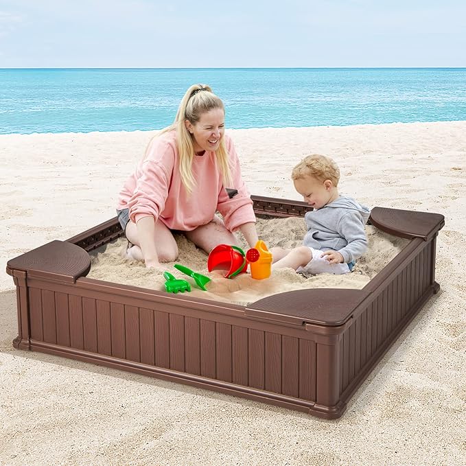 Costzon Kids Sandbox with Cover, 4ft x 4ft HDPE Sandpit with Oxford Cover, Bottom Liner, 4 Corner Seats, Weather Resistant Outdoor Sand Pit for Backyard Lawn Garden Beach (Dark Brown)