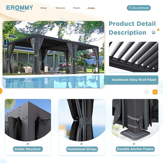 EROMMY Louvered Pergola 12' x 24' Outdoor Hard Top Pergola with Aluminum Frame and Adjustable Metal Rainproof Roof for Garden & Patio, Curtains and Netting Included, Gray-Black