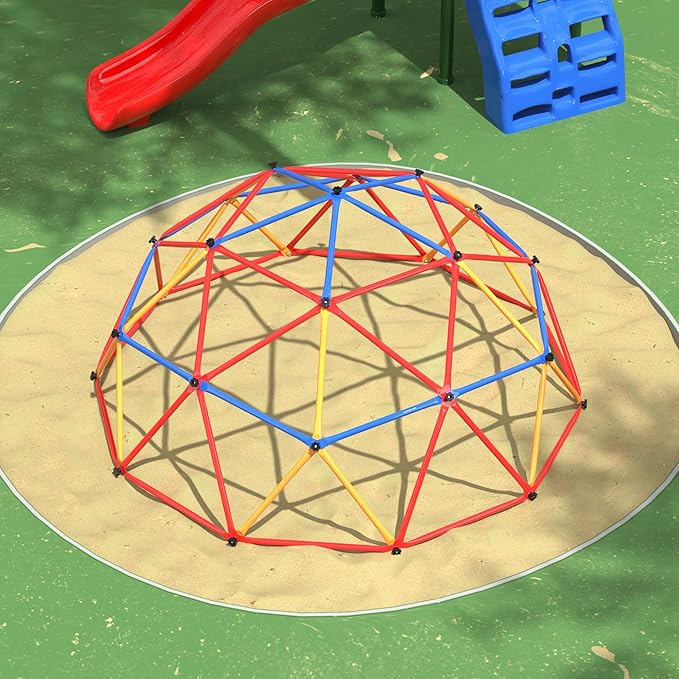 7ft Climbing Dome, Outdoor Geometric Dome Climber for Kids Ages 3-8, Toddler Jungle Gym, Metal, Anti-Rust, Playground Climbing Structures for Backyards, Supporting 500lbs, Red & Blue & Yellow
