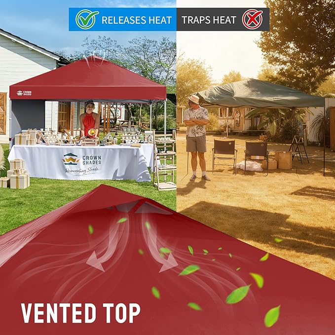 CROWN SHADES 12x12 Pop Up Canopy Tent Instant Commercial with 150D Silver Coated Fabric Including 1 Removable Sidewall, 4 Ropes, 8 Stakes, Weight Bags, STO 'N Go Bag, Red