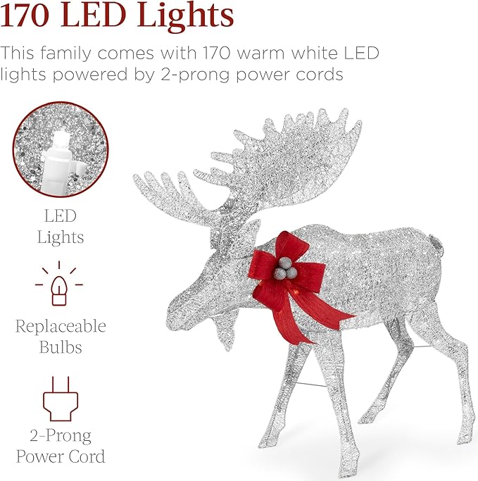 Best Choice Products 2-Piece Moose Family, Lighted Outdoor All-Weather Christmas Yard Decoration Light-Up Décor Set w/ 170 LED Lights, Ground Stakes, Zip Ties - Silver