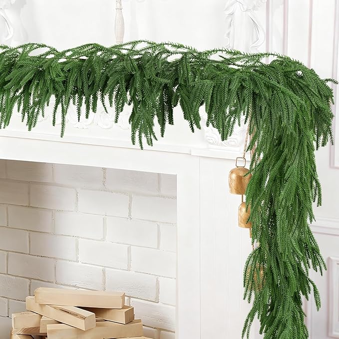 2Pcs 6FT Christmas Garland Artificial Norfolk Pine Garlands Real Touch Winter Green Greenery Garland Christmas Decoration Xmas Garland for Door Table Mantle Wall Indoor Outdoor Christmas Decor