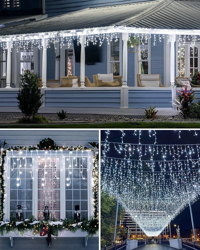 Christmas Lights Outdoor, 53 FT 486 LED Christmas Light for Outside, Timer & Memory, Plug in 8 Modes Hanging Fairy Light with 108 Drops for House Eaves Yard Patio Holidays Decorations, Cool White