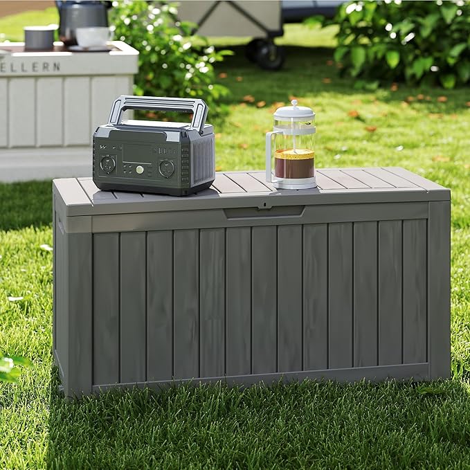 Mersco 72 Gallon Double-Wall Resin Deck Box - Lockable Waterproof Outdoor Storage Box, 515lbs Capacity & Doubles as Seating for Patio Furniture - Garden Tools, Pool Accessories (Grey)