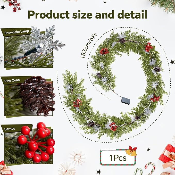 6FT Pre-lit Christmas Cedar Garland Realistic Christmas Garlands Snowflake Lights, Artificial Green Pine Greenery Cypress Garland Decorations Indoor Outdoor Holiday Winter Xmas Decor