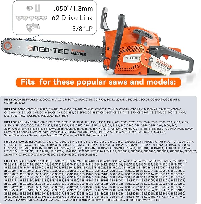 NEO-TEC 18 Inch Chainsaw Chain 3 Pack - S62-0.050" Gauge, 3/8"LP Pitch, 62 Drive Links Fit for Poulan, Kobalt, Echo, Ego, Greenworks Chainsaw and More