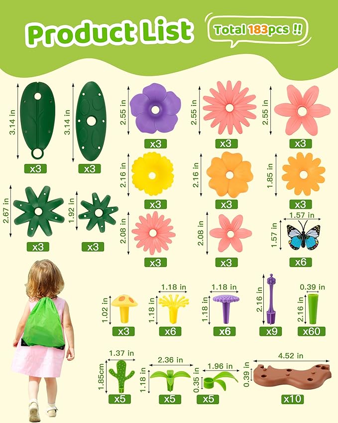 Flower Garden Building Toys for Girls: 183 PCS Kids Gardening Kit Set Gifts for 3 4 5 6 7 Year Old Toddler