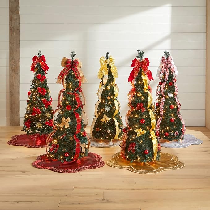 BrylaneHome 4.5 Ft Fully Decorated Pre-Lit Pop-Up Christmas Tree with 100 Warm Lights & Included Stand, Collapsible, Easy Assembly - Poinsettia