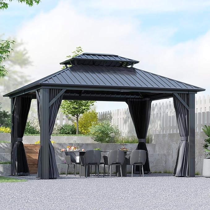 12'x14' Hardtop Gazebo, Outdoor Double Roof Galvanized Steel Gazebo, Aluminum Frame Permanent Pavilion with Curtains & Netting for Backyard, Patio, Deck (12x14)