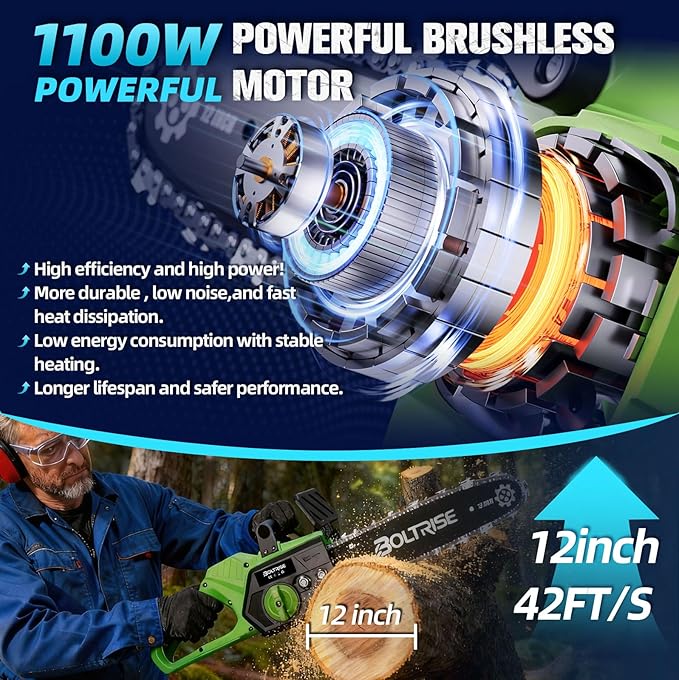 12 Inch Cordless Brushless Electric Chainsaw, 2 × 4.0Ah Batteries & Auto Oiler Security Lock, 42 FT/S Powered Compact HandHeld Chain Saw, for Tree Trimming, Wood Cutting Garden, Pruning