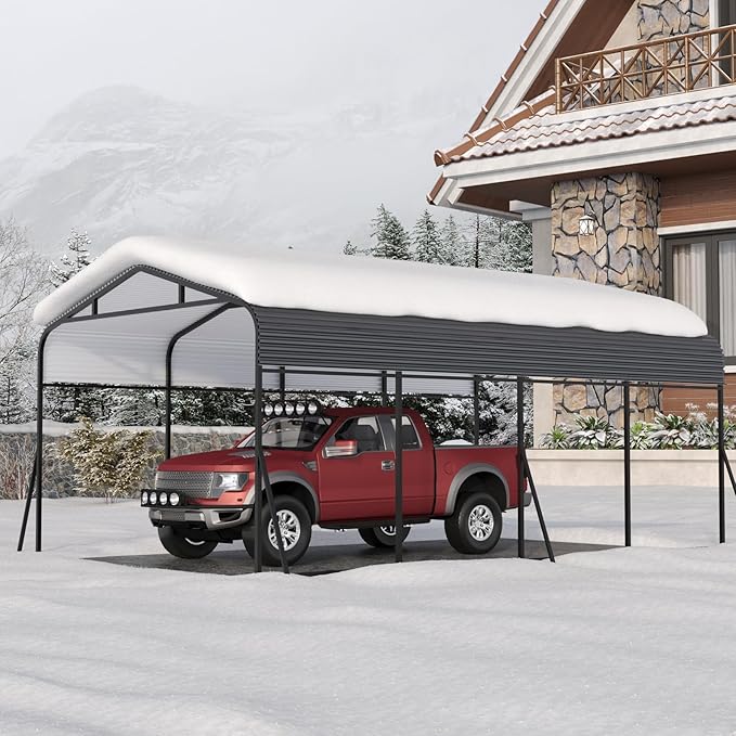Metal Carport, 12x20 FT Outdoor Carport Canopy with Reinforced Base and Galvanized Steel Roof, Heavy Duty Garage Car Shelter Shade for SUV, Truck, Boats