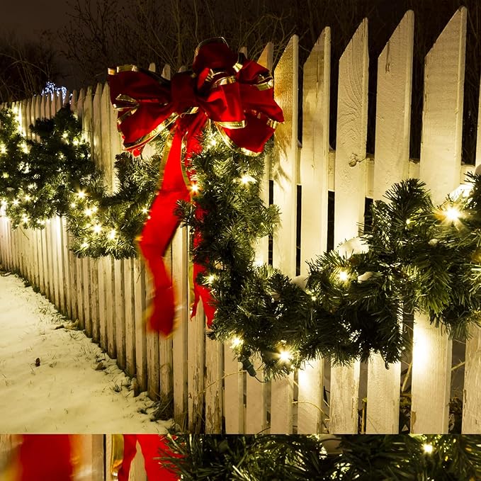 9FT Pre-Lit Artificial Christmas Garland with 50 White Light, Pulg in, Holiday Decorations Garland, Mantle for Indoor Holiday Door Home Decorations Stairs Fireplaces Wall