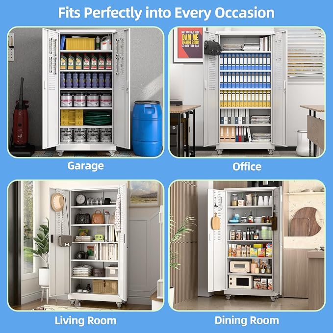 Aobabo Upgrade 71H''*32''W*16''D Metal Garage Storage Cabinet with Wheels and Pegboards, 5 Adjustable Shelves Steel Storage Cabinets for Home,Warehouse,Garage,Assembly Required,White