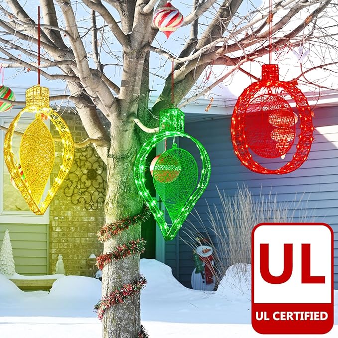 3 Pcs Outdoor Hanging Lighted, 16 h Christmas Pre-lit Hanging Lights Ornament for Outside, Red Green Yellow Metal Christmas Lantern Decoration for Balcony Yard Garden, 300 LED