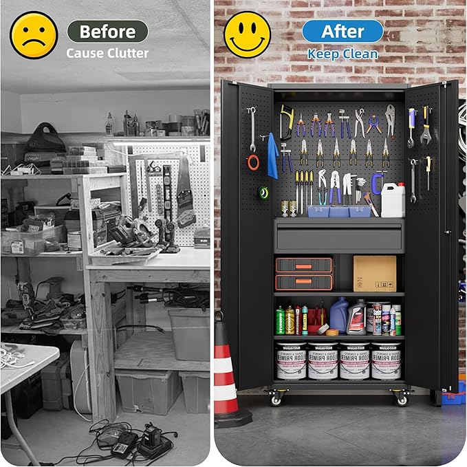 Aobabo 71 H Metal Storage Cabinet with Wheels with 5 Pegboards and 1 Drawer,Lockable Steel Tool Cabinet for Garage,Warehouse,Assembly Required,Black