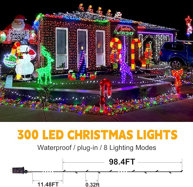 98Ft 300LED Christmas Lights Outdoor Decorations 8 Modes & Memory Timer Christmas Lights with Plug in Waterproof Fairy String Lights for Xmas Wedding Party Holiday Decor