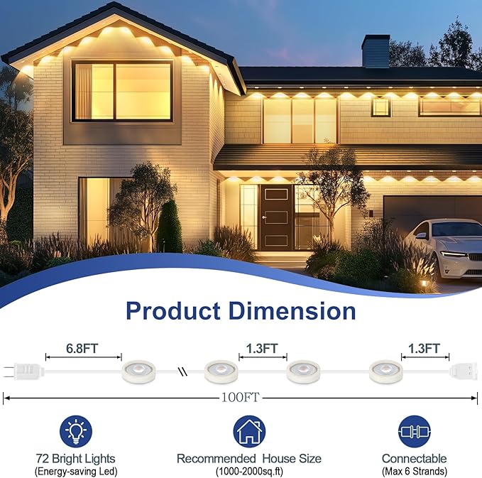 Brightever Permanent Outdoor Lights, Upgraded Warm White Outdoor Light 100FT with 72 LED Lighting, IP65 Waterproof Eaves Lights for Daily, Garden, TV Backlights, Christmas Decor, Dimmable