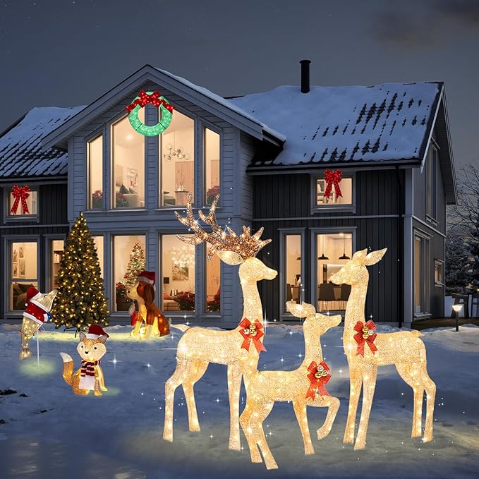 3-Piece 5Ft Lighted Christmas Deer Family Set, 3D Outdoor Christmas Decorations Yard with 280 Warm White LED Lights for Outdoor Front Yard Patio Lawn Garden Porch - Gold