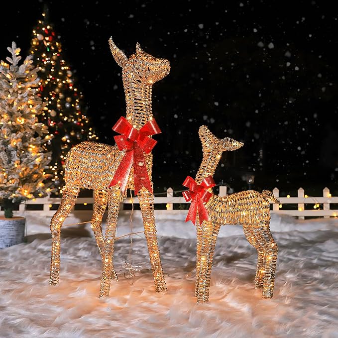 Hykolity 3.5 FT 3D Lighted Outdoor Christmas Reindeers, 2-Piece Light Up Christmas Deers with 130 Warm White LED Lights, Outdoor Reindeer Yard Decoration with Stakes, Zip Ties, Gold
