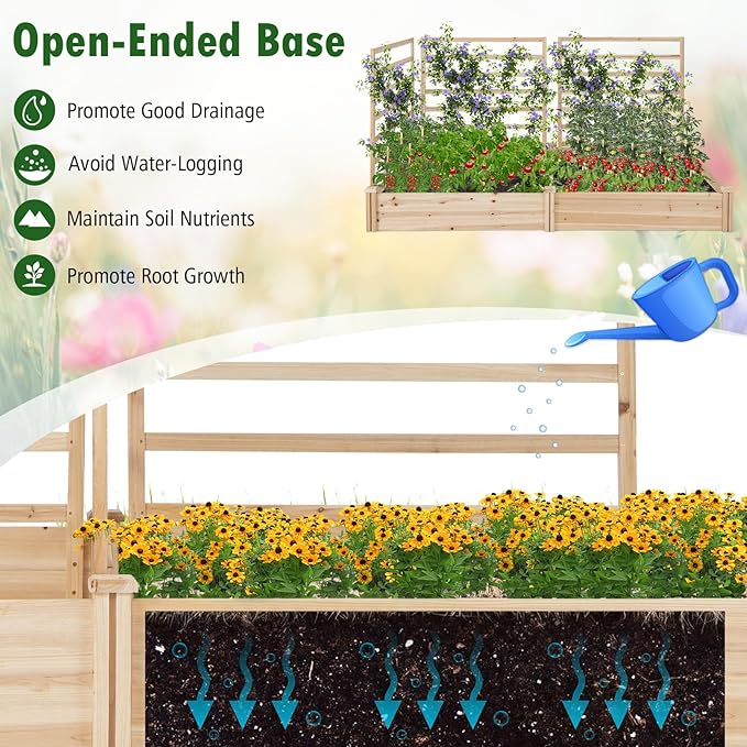 S AFSTAR Raised Garden Bed with 3 Trellis & 2 Planter Boxes, 88" L x 45" W x 43" H Outdoor Wooden Planter Box Kit for Flower Herb Vegetable Fruit Climbing Vines, Gardening Planter for Garden Patio