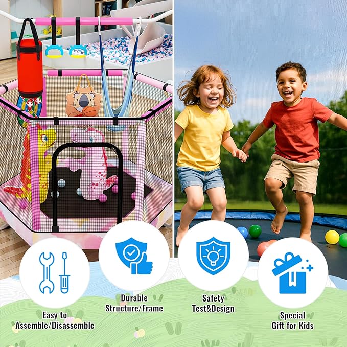 LAMERGE 55" 7-in-1 Round Trampoline for Kids Boys & Girls Ages 1-8, Indoor & Outdoor Trampoline for Fun, Adjustable Height Handrail ＆ Enclosed Safety Net ＆ Durable Designs for Toddlers Children