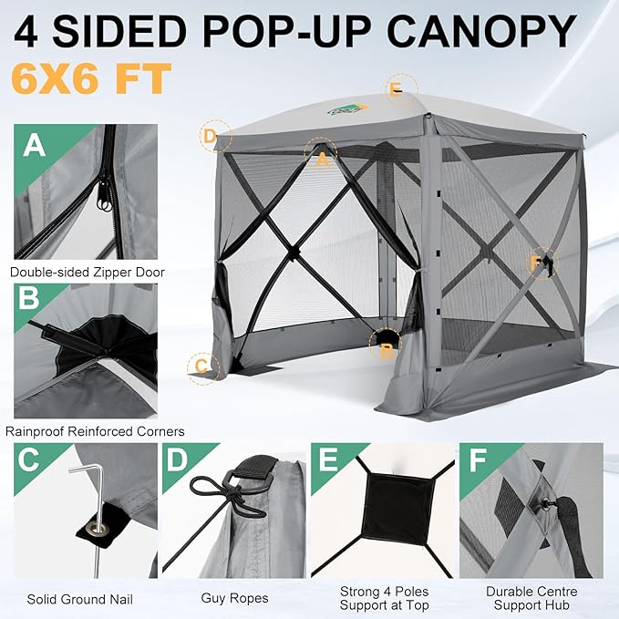 COBIZI 6x6 Pop up Gazebo Tent on Clearance, Ez up Waterproof Screen Tent Screen House with 3 sidewalls,Portable Outdoor Canopy with Carry Bag & Ground Stakes for Camping,Garden and Picnics, Grey