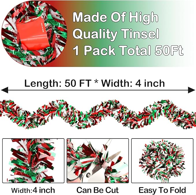 50ft Metallic Tinsel Twist Garland - Christmas Tree Decorations in Red, Green & White