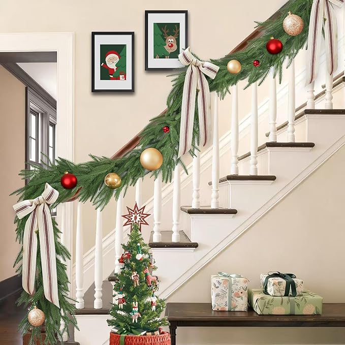 9FT Christmas Norfolk Pine Garland, Artificial Pine Needles Winter Garlands Faux Greenery Fake Garland for Holiday Fireplace,Table, Window, Stairs, Mante, Indoor Outdoor Decor (2 Pack, 9 FT)