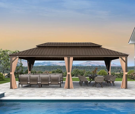 PURPLE LEAF 14' X 24' Outdoor Hardtop Gazebo Patio Wide Aluminum Frame Galvanized Steel Double Roof with Heavy Duty Netting and Curtains for Permanent Hard Top Pavilion Screen,Khaki