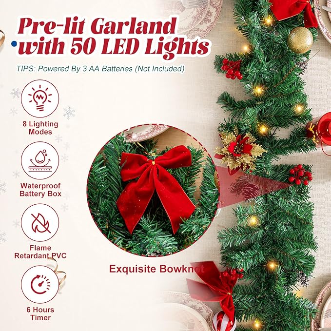 9 FT Pre-Lit Christmas Garland with 50 LED Lights Red Bows Flowers, Indoor Outdoor Lighted Garland for Stairs, Mantle, Door, Fireplace, Banister, Staircase, Holiday Christmas Decor, Battery Operated