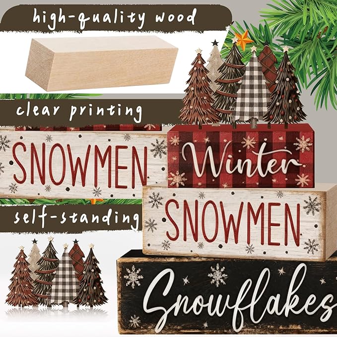 4 Pcs Christmas Decorations Indoor - Wooden Christmas Tree Table Decoration for Home - Holiday Centerpiece For Table - Winter Tiered Tray Decor Rustic Farmhouse Xmas Gift for Home Kitchen Mantel
