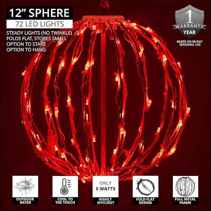 LED Light Ball Indoor-Outdoor Christmas Hanging Tree Globe Light Sphere, Fold Flat Metal Frame (12", White Frame/Red String Lights)