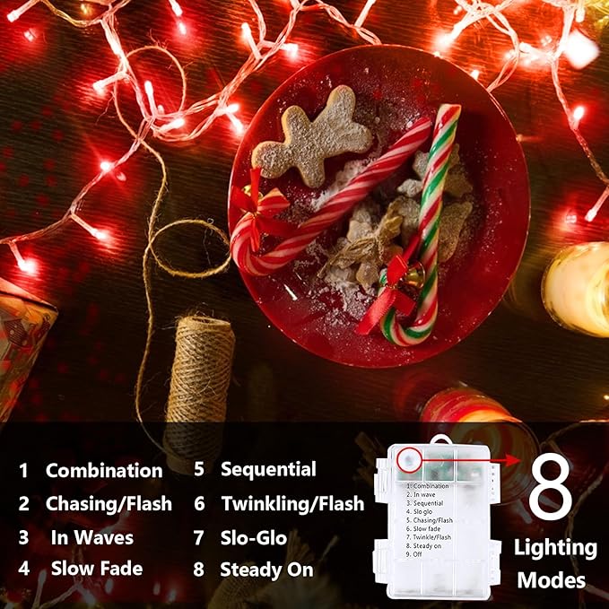 2 Pack Christmas String Lights Battery Operated with Timer, 66FT 200 LED Waterproof Twinkle Lights, 8 Modes Fairy Light for Indoor and Outdoor Bedroom Garland Tree Christmas Decorations (Red)