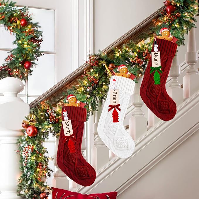 6 Pack Christmas Stockings 18 Inch Cable Knit Stockings with Personalized Snowman Name Tags, Red and White Large Xmas Hanging Stockings with Velvet Bows for Fireplace Mantel Holiday Family Decor