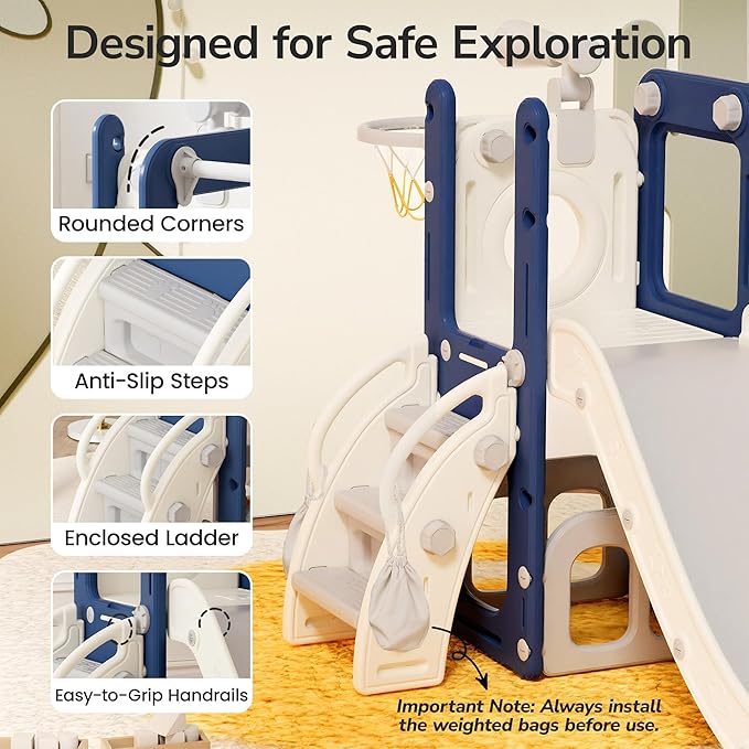 9 in 1 Toddler Slide and Swing Set with Basketball Hoop, Drawing Board, Rings & Telescope Indoor Outdoor Playset for Kids, Playground Activity Center, Toddler Swing and Slide Set