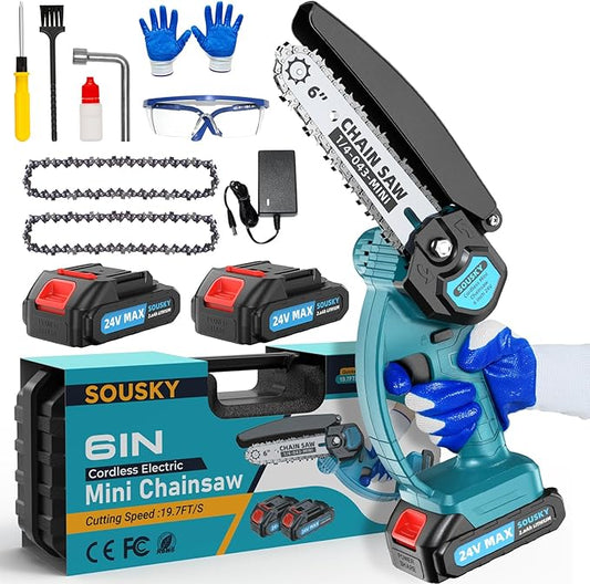 Mini Chainsaw Cordless, 6Inch Portable Small Chain Saw Battery Powered, Handheld Chainsaws with 2 * 24V 2.0MAH Powered Rechargeable Battery for Tree/Wood Cutting Trimming Craftsman Gardening Pruning