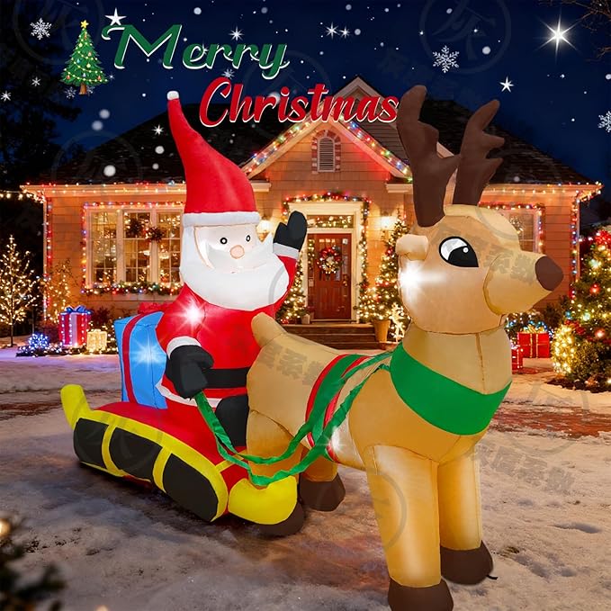 7.2 Ft Length Christmas Inflatable Santa on Reindeer Sleigh Decoration, Durable Blow Up Decoration Built-in LED Light, Christmas Inflatables for Garden Patio Lawn Home Indoor Winter Holiday Party