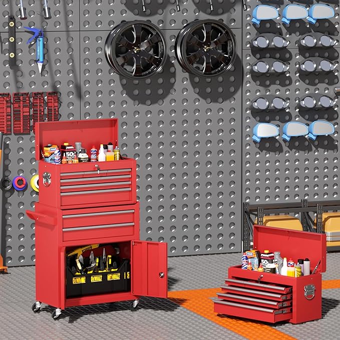 INTERGREAT Tool Chest Cabinet,8-Drawer Rolling Tool Chest with Detachable Top Tool Box, Tool Chests with Universal Lockable Wheels, Metal Tool Cart for Garage, Workshop, Barbershop(Red)