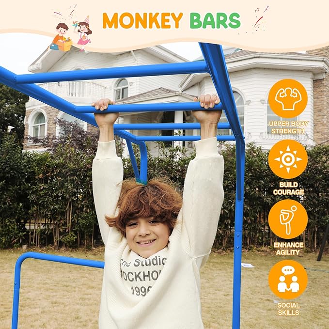 Outdoor Monkey Bar Set for Kids, with Climbing Frame, Gymnastics Bars, Playground Sets for Backyards, Metal Monkey Bars for Kids Age 3+, Backyard Set with Powder Coated Steel, Blue