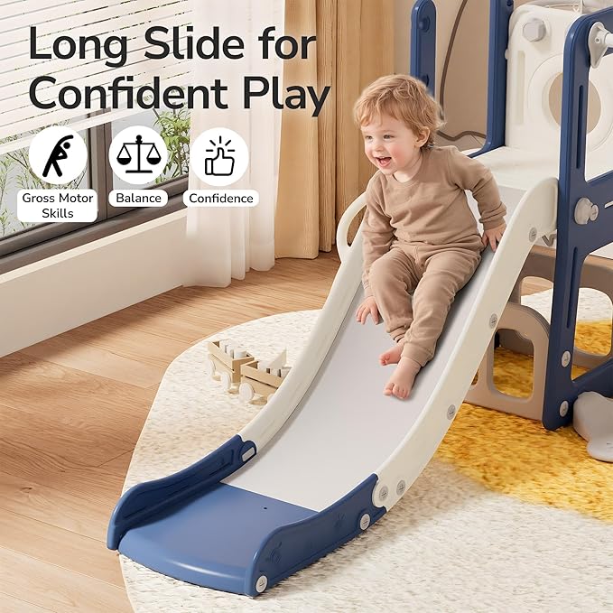 9 in 1 Toddler Slide and Swing Set with Basketball Hoop, Drawing Board, Rings & Telescope Indoor Outdoor Playset for Kids, Playground Activity Center, Toddler Swing and Slide Set