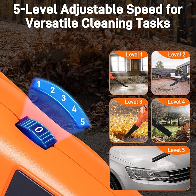 Leaf Blower Cordless, 2 * 21V 3.0Ah Battery and Charger, 5 Speed Levels, Lightweight 180 CFM 130 MPH Electric Powered Blower w/Extension Tube for Patio Lawn Care, Leaf Dust Blowing