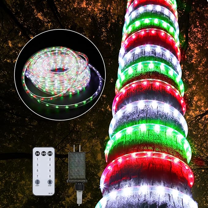 Christmas Rope Lights Outdoor, 33Ft 400 LED Red White Green String Light, Waterproof Tube Light Plug in 8 Modes Timer Memory, Permanent Christmas Lights for Tree Fence Garden Party Decorations