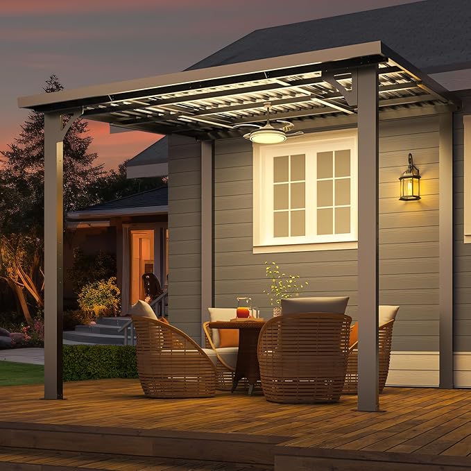 U-MAX 8' x 8' Outdoor Pergola Hardtop Gazebo, Wall-Mounted Heavy Duty Lean to Metal Awnings Gazebos on Clearance for Patio, Small Galvanized Steel Pergolas and Gazebo for Outdoor Use